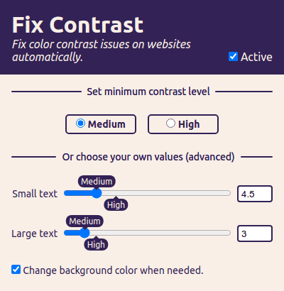 Fixa11y UI with options to set the minimum text contrast